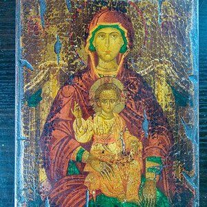 Virgin Mary and Jesus Handmade Wooden Byzantine Icon Small Excellent Condition